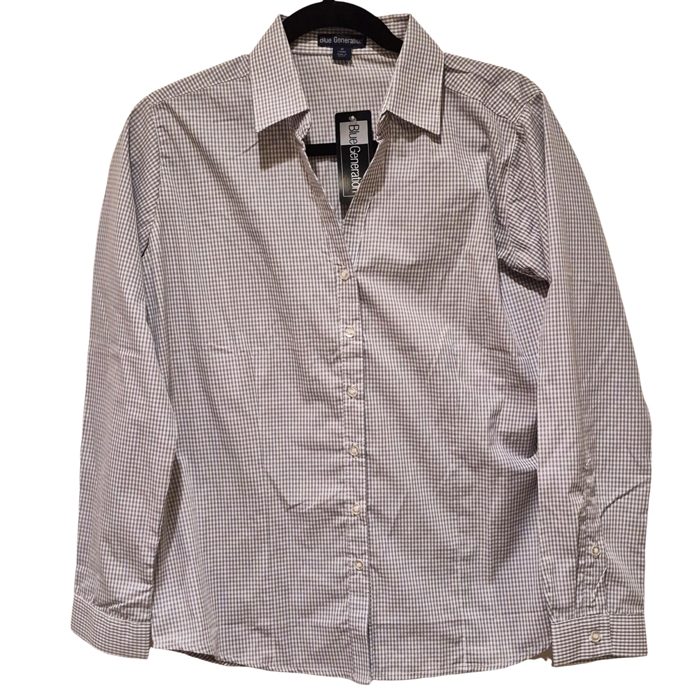 Blue Generation Women’s Button Down Shirt Tan Gingham Check Size Medium